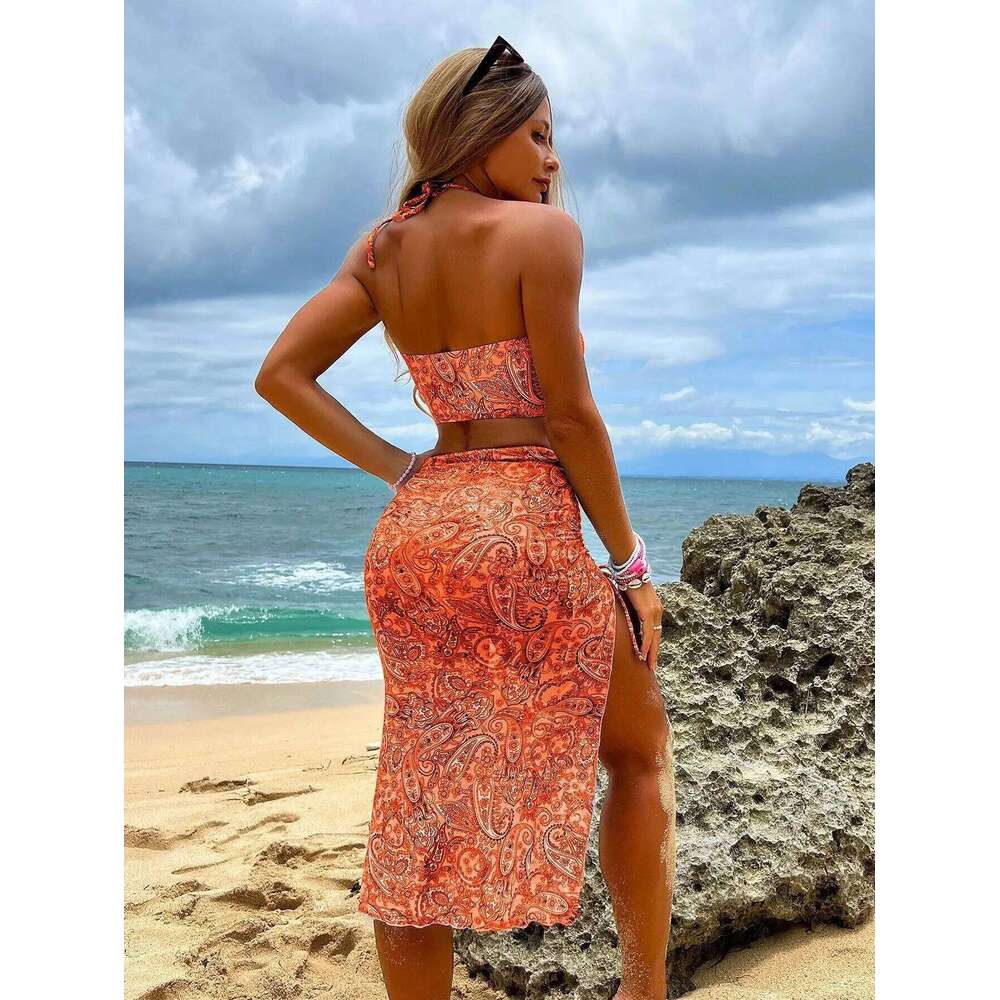2025 Sexy 3-Piece Bikini Set Printed Top & High Waist Bottom Cover Up Women's Beach Swimwear See Through Halter Swimsuit Y260303