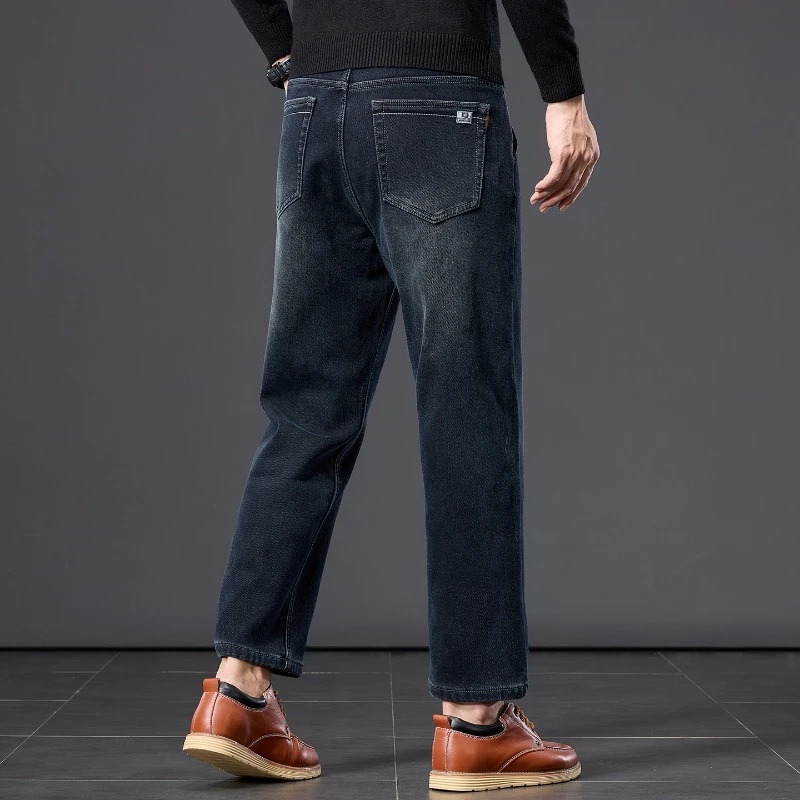 Winter Fleece Thickened Warm Mens Jeans Retro Blue Velvet Straight Leg Length Ninepoint Denim Trousers Lined Wool Pants 260228
