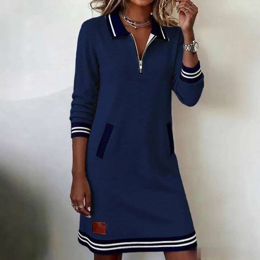 2025 Spring Autumn Turn-Down Collar Holiday Women Patchwork Long Sleeve Chic Dress, Casual Zipper Fashion Ladies Dress C260312
