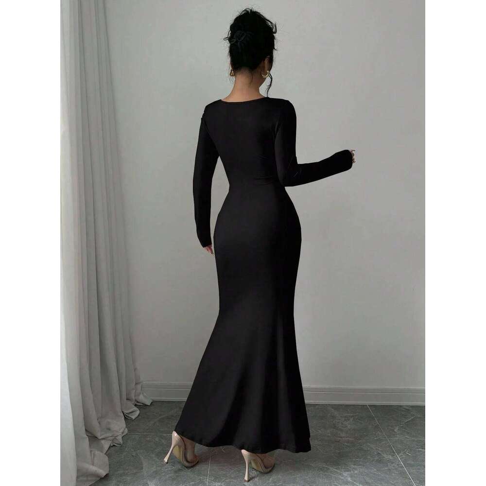 Four Seasons New Style Women's Elegant Temperament Retro Solid Color Square Collar Long Sleeve Dress C260312
