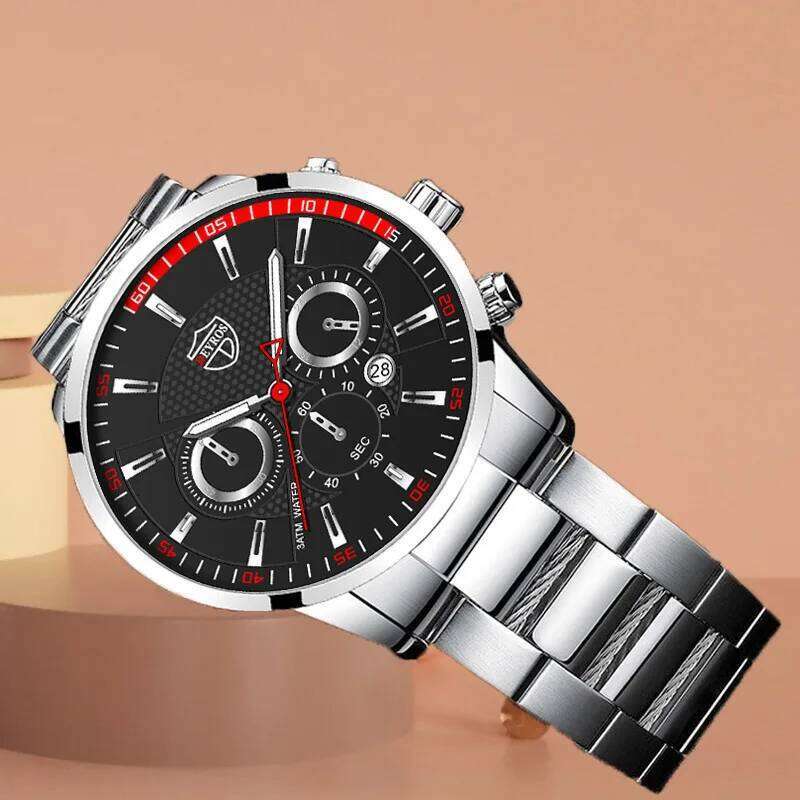 5Pcs/Set Casual Fashion Men, Silver Stainless Steel Round Dial with Date Quartz Watch Set for Men