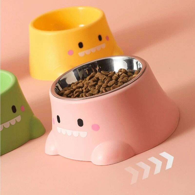 Cartoon Dinosaur 15 Tilted Pet Bowl: Elevated Stainless Steel Dish with Neck Support - Fun Cute Feeder for Cats & Puppy 26Y0312