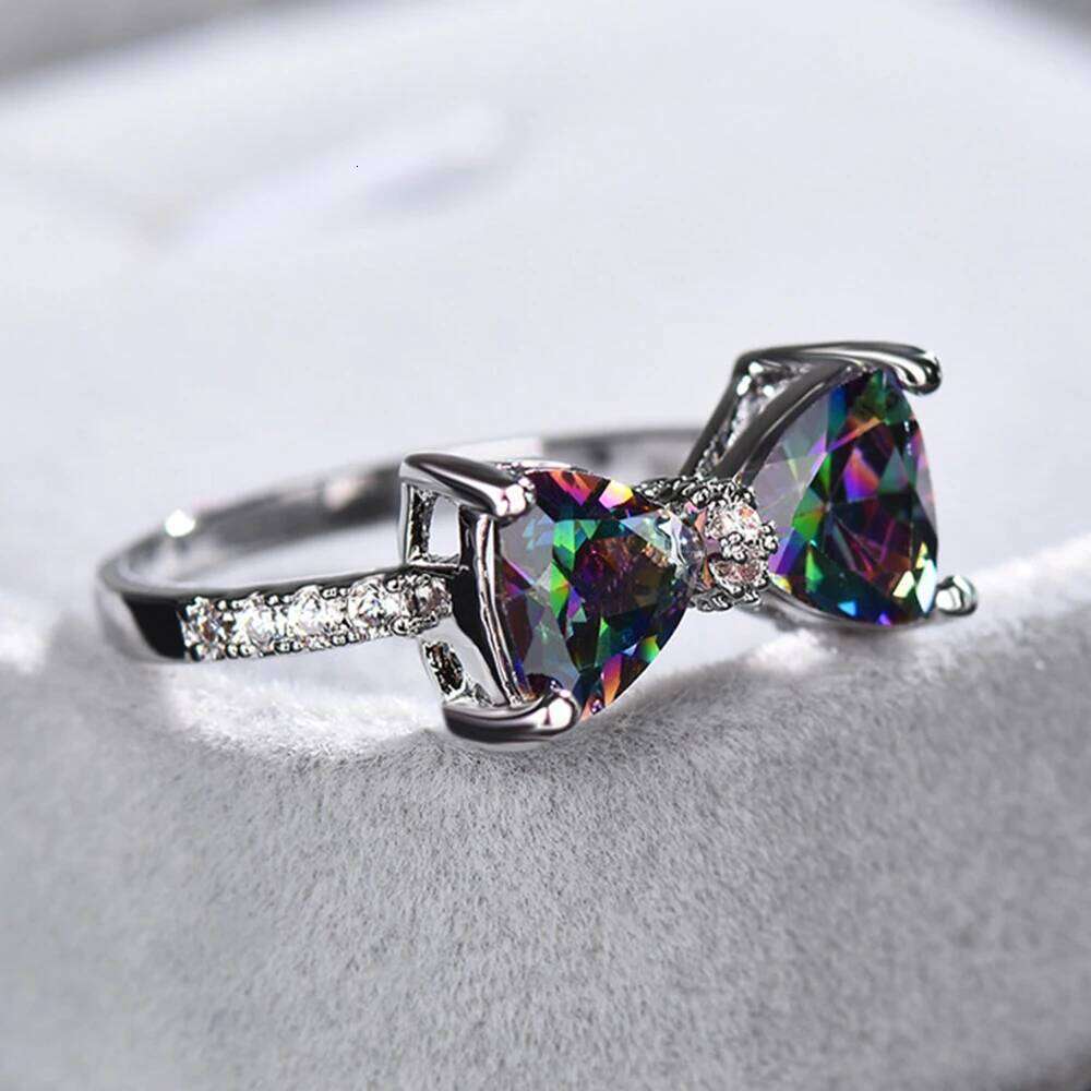 Huitan Personality Multi-colored CZ Bow Rings for Women Fancy Bride Wedding Ceremony Party Finger-ring Nice Gift Fashion Jewelry H260312