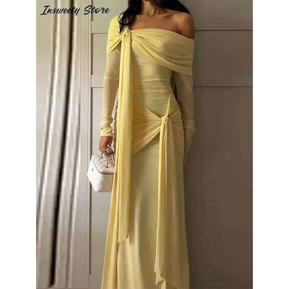 Elegant Solid Lace Up Dress Women's Off The Shoulder Long Sleeve Draped Dresses 2026 Spring New Female Chic Party Robes C260312