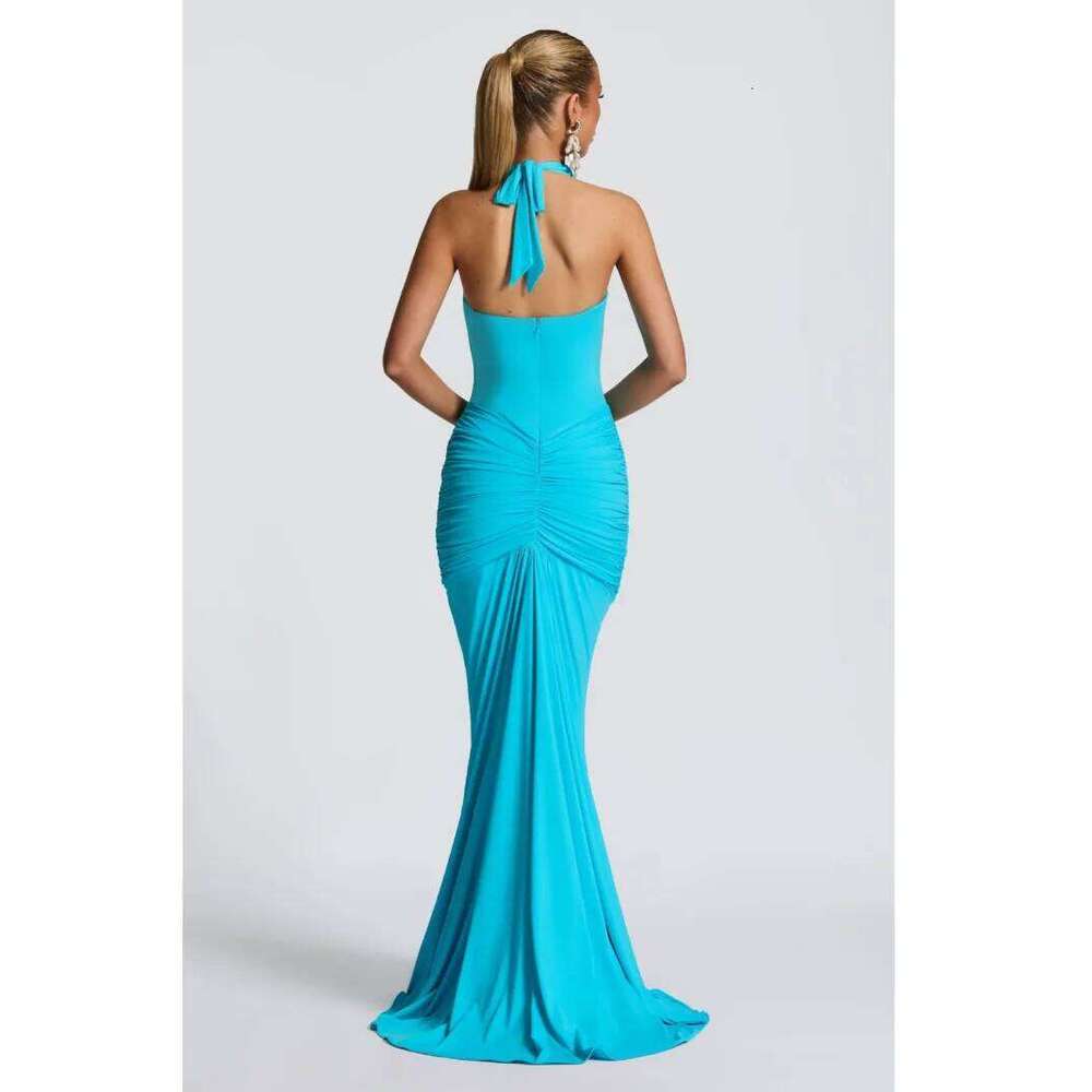 Deep V Neck Draped Ruched Sexy Maxi Women Summer Fashion Halter Sleeveless Backless Club Party Long Dress Elegant BM98 C260311