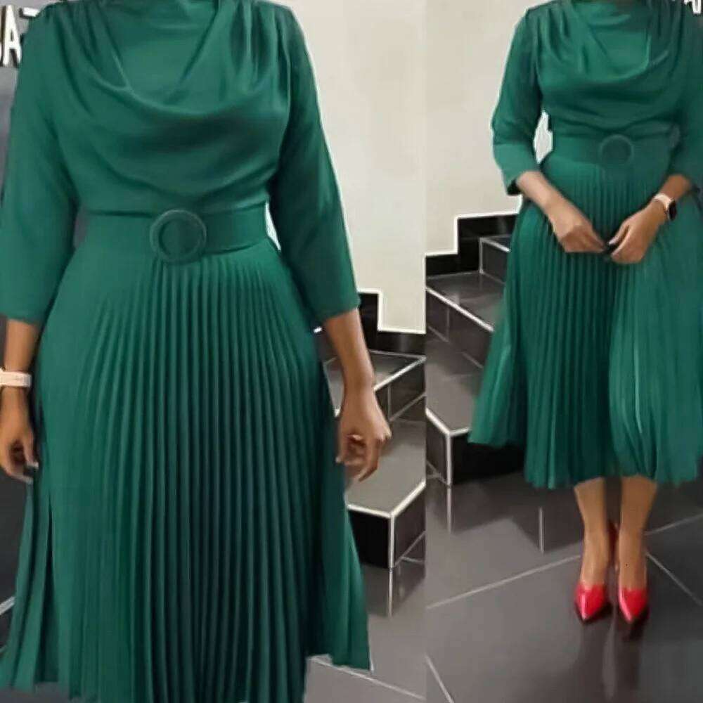 Elegant Office Pleated for Women Professional Round Neck Full Sleeve Belt Waisted Mid Calf Formal Business Work Dress New C260312
