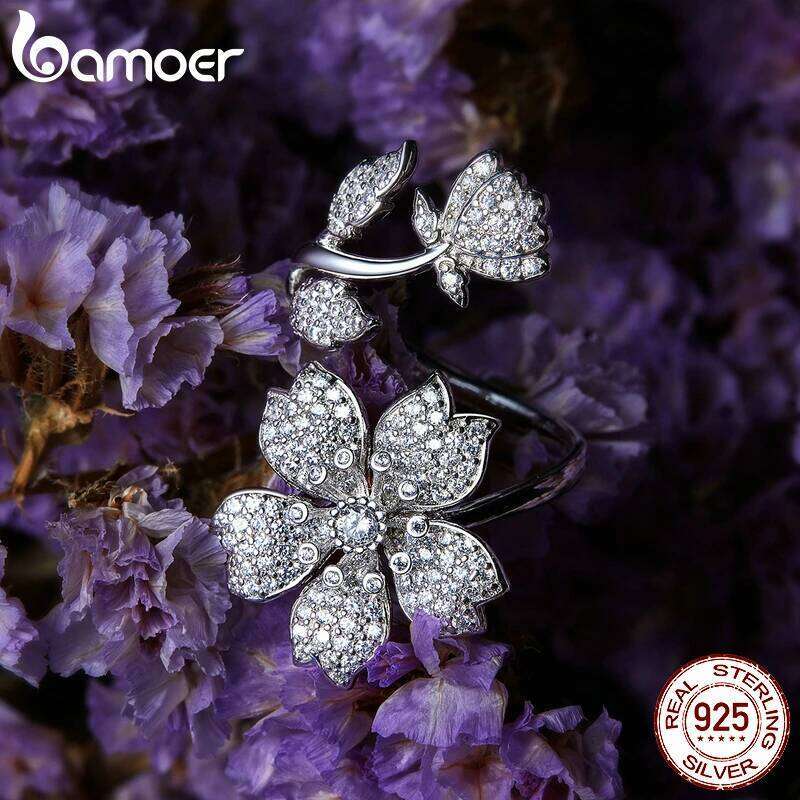 Bamoer 925 Sterling Silver Spring Sakura Opening Finger Flower Adjustable Ring for Women Zircon Fine Jewelry BSR076 H260312