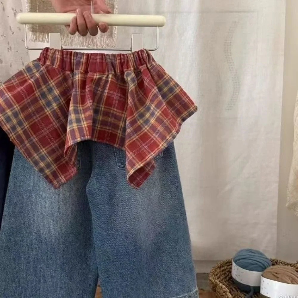 Girls Pants Stylish Little Girl Super Goodlooking Retro Red Checkered Lace Up Fart Curtain Denim Skirt 260311