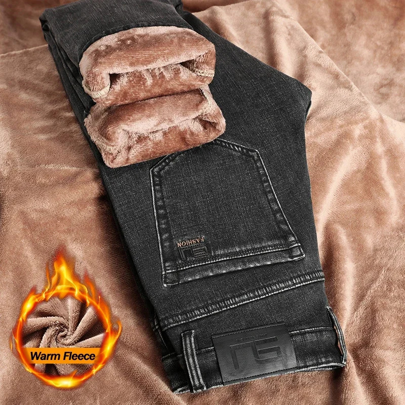 Winter Thickened Fleece Jeans Mens High Quality Slim Straight Elastic Casual Denim Pants Warm Plush Velvet Fashion Trousers 260228