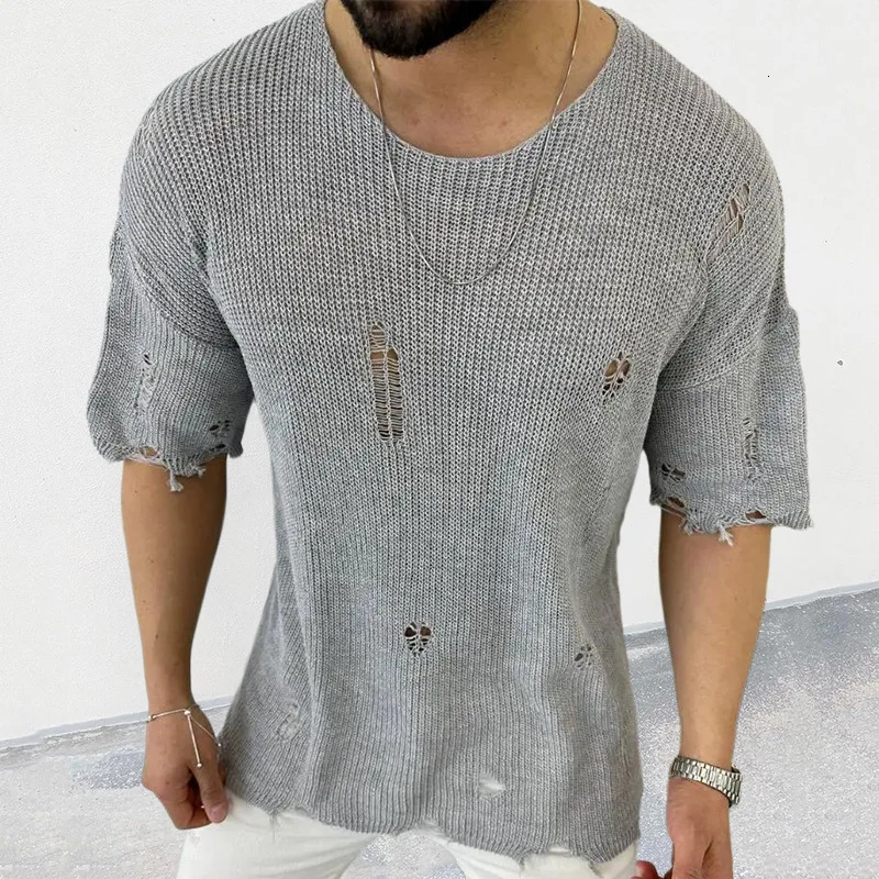 Summer Men Sweater Thin Short Sleeve O-neck Knitted T-shirt Tops Casual Hollow Loose Knit Shirt Pullover Male Streetwear 260311