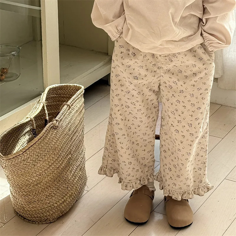 deer jonmi 2026 Spring Baby Girls Wide Leg Pants Floral Printed Korean Style Corduroy Ruffles Toddlers Kids Casual Trousers 260311