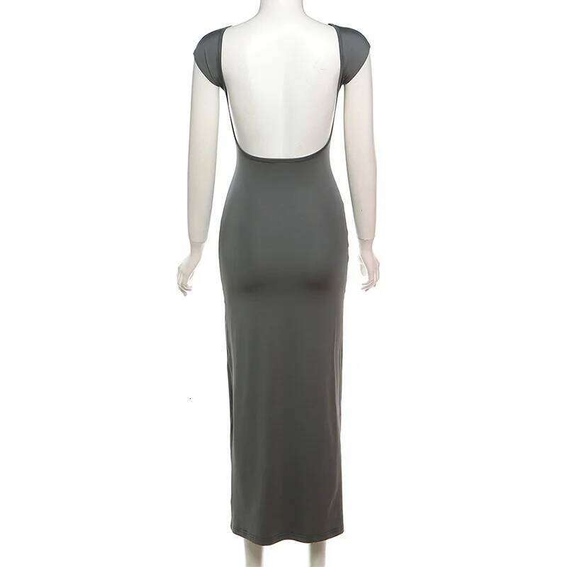 Elegant Women Basic Short Sleeve Sexy Backless Slim Fit Summer Casual Vintage Gothic Streetwear Long Dress C260311