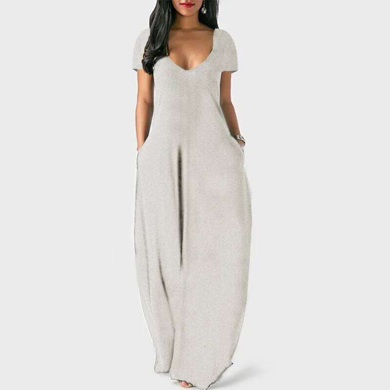 European American spring and summer women's solid color dress sexy deep V short-sleeved long skirt C260312