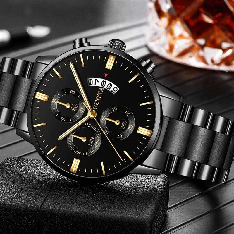 5pcs Necklace Bracelet Ring Mens Watches Set Fashion Luxury Men Stainless Steel Quartz Wrist Man Business Casual Watch