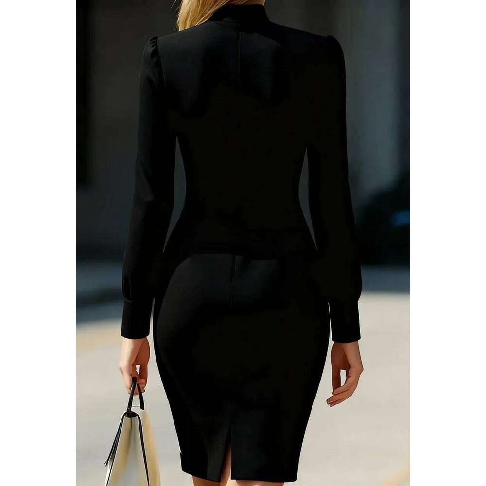 New Autumn Winter Dress Solid Color Temperament Fashion Elegant Commuter Style Woman Clothes Long Sleeves High Collar Vestidos C260312