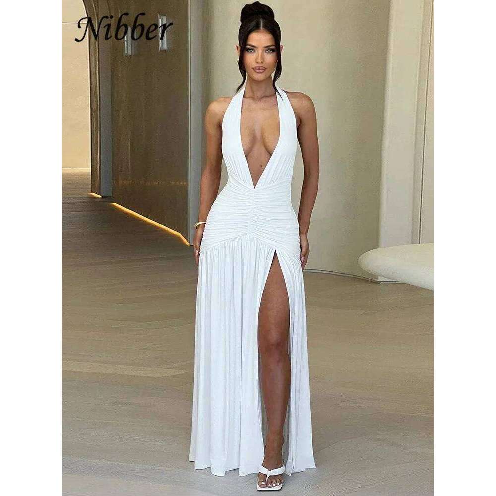 Nibber Elegant Women Long Dresses Solid Hipster Halter V-neck Backless Shirring Side Split Vestidos Female High Street New Robe C260311