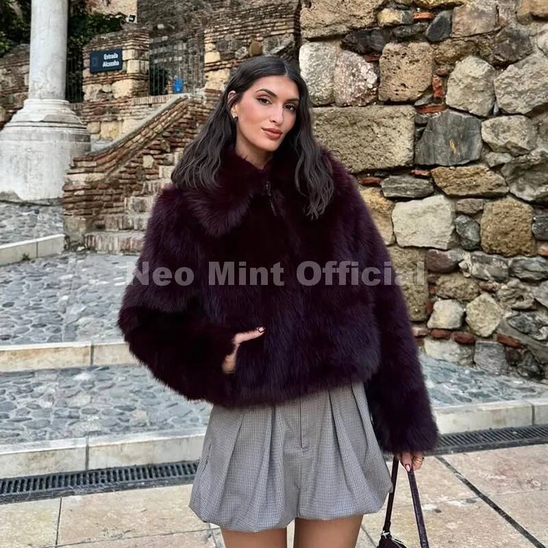 Neo Mint Ins Blogger Brand Fashion Burgundy Obsession Faux Coat Women Winter 2025 Vintage Brown Fox Fur Jacket Warm Overcoat