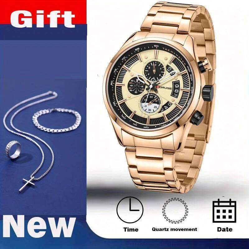 4pcs/set, BORUSE Luxury Watches & Cross Necklace Sets, Mens Stainless Steel Quartz Casual Date Watch for Men Wristwatch