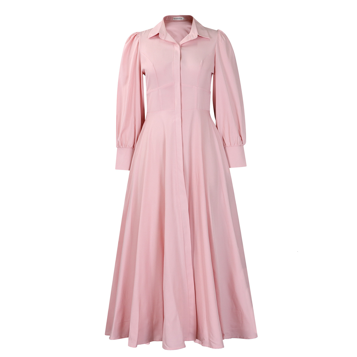 D570 Womens Elegant Long Sleeve Flared Shirt Dress Fashion Solid Color Mid-Length Dress