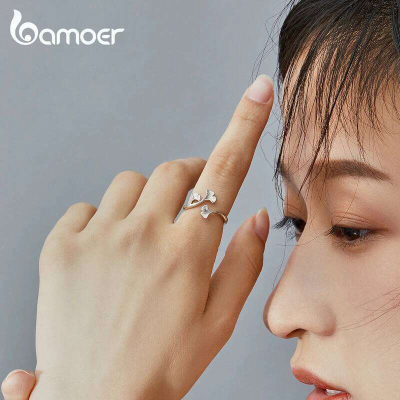 bamoer Design Ginkgo Leaf Finger Rings for Women Vintage Bijoux 925 Sterling Silver Trendy Wedding Jewelry BSR097 H260312