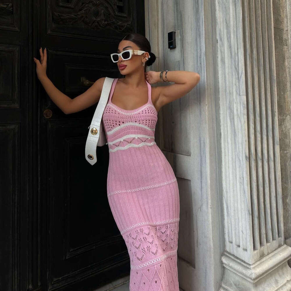 Summer Knitted Color-Block French Bohemian Strap Hollow Out Pure Desire Slim Fit Bodycon Long Dress High-End Feel