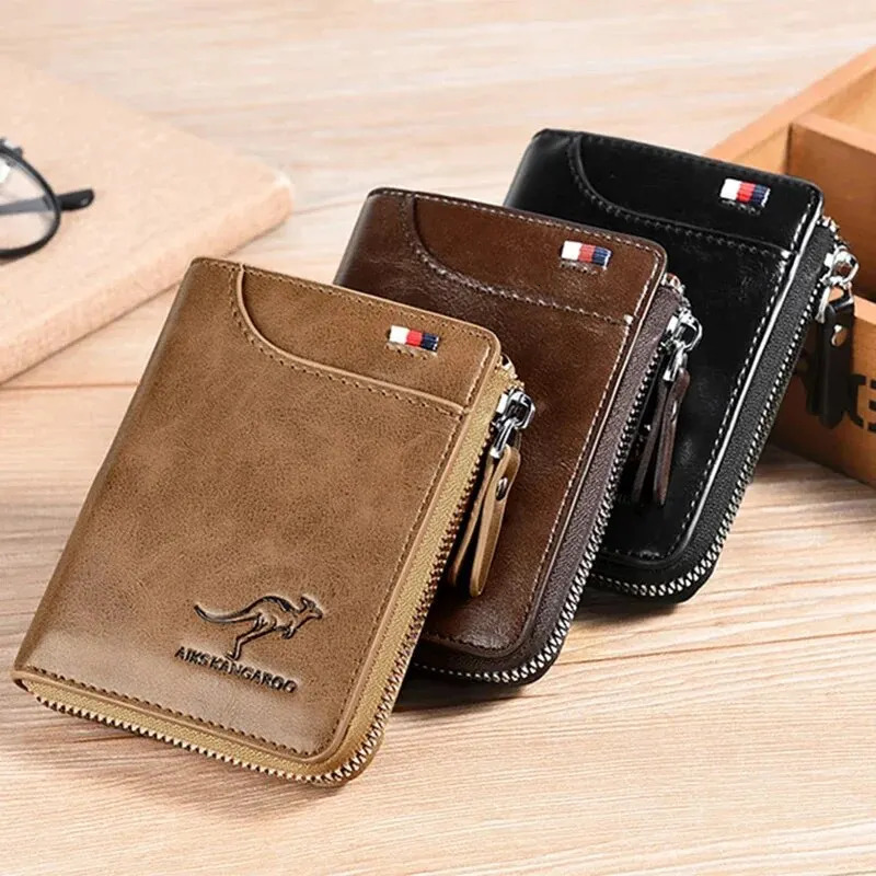 Mens Wallet Leather Business Card Holder Zipper Purse Wallets for Men RFID Protection Purses Carteira Masculina 260304