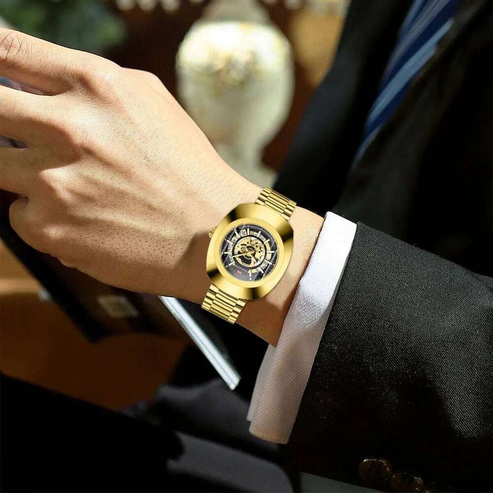 Quartz Fashion Oval Hollow Clock Original Top Business Style 3Bar Stainless Steel Strap Gold Luxury Gift Watch for Men