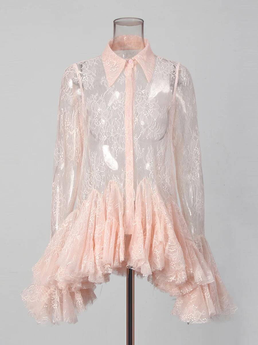 TWOTWINSTYLE Solid Sheer Spliced Lace Sexy Mini Dresses for Women Lapel Long Sleeves Patchwork Ruffles Folds Dress Female New