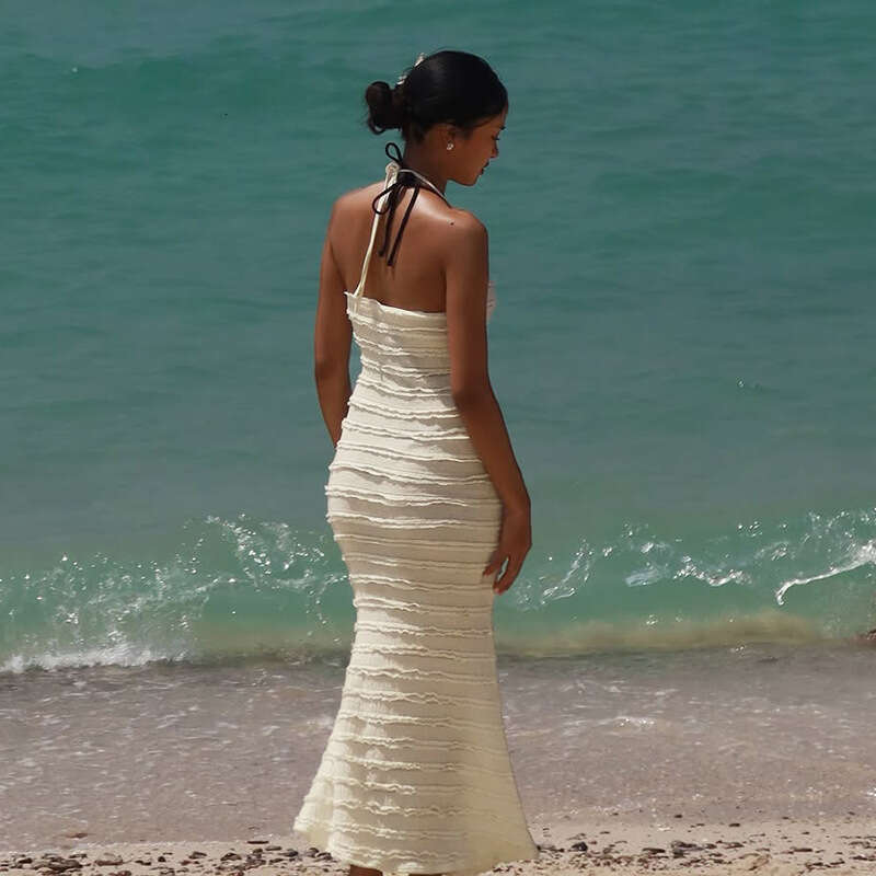 European American style 2025 summer new fashion sweet and elegant wave-patterned lace-up halter neck dress for women