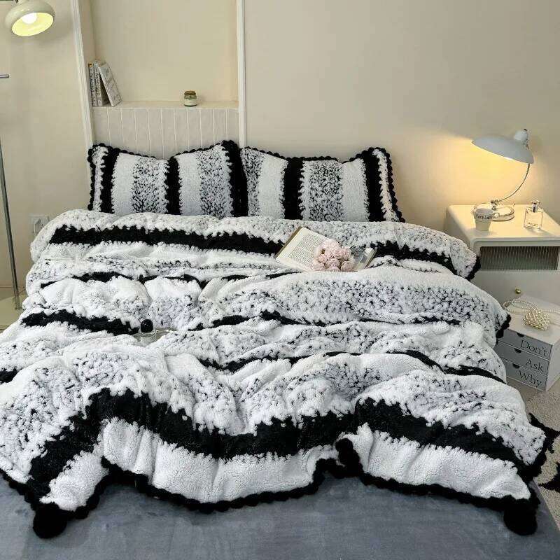 2025 new moire fringed lace four-piece set milk ball blanket quilt cover double-sided velvet winter H260312