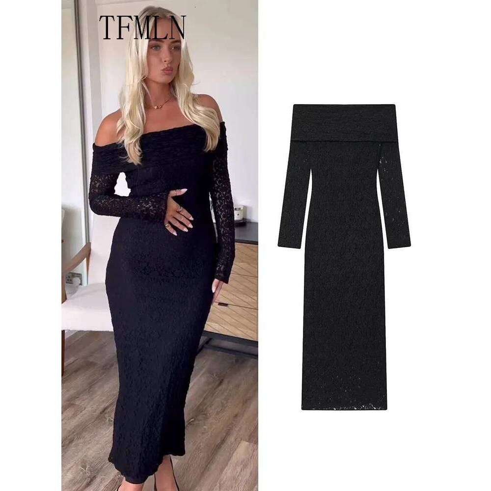 TFMLN 2025 New Women Lace Off Shoulder Elegant Ladies Full Sleeve Solid Slim Party Dress Sexy Side Zipper Long Dresses C260312