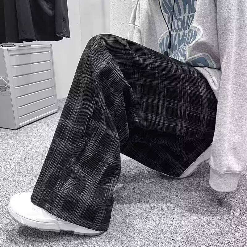 Checkered men's spring and autumn fat plus size trendy loose Korean version versatile wide leg casual pants spor