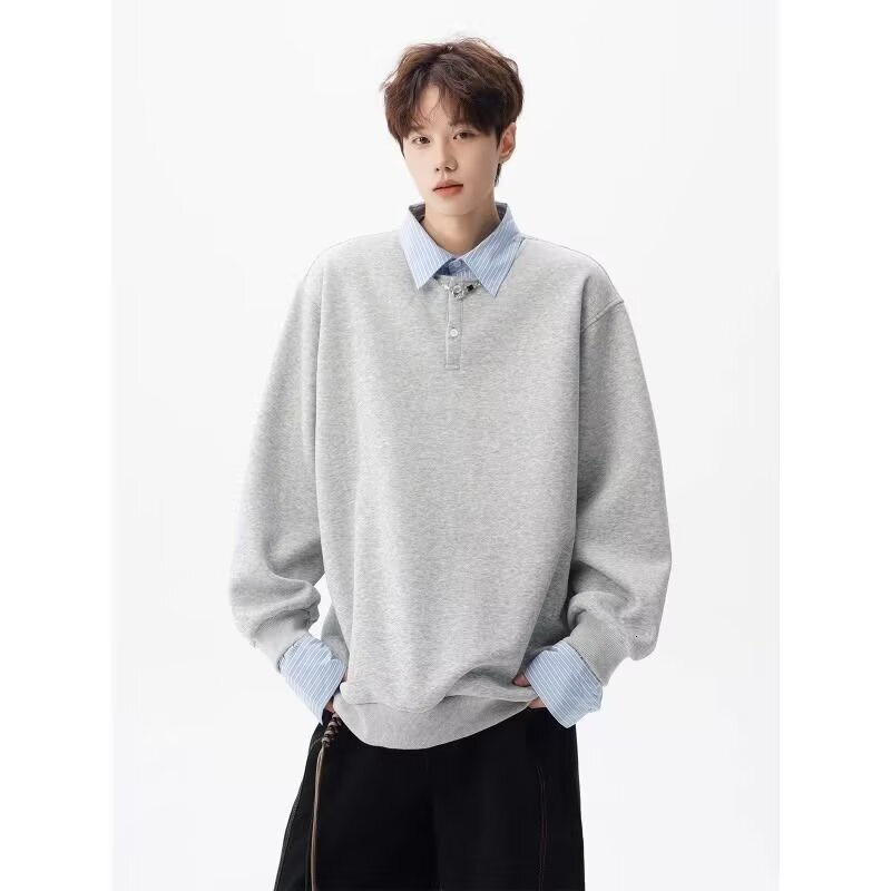 Two-tone Fake Two-piece Sweatshirt With Shirt Collar Unisex Autumn Long-sleeve Stylish Design Designer Hoodie Loose Fit Couple's Style Top
