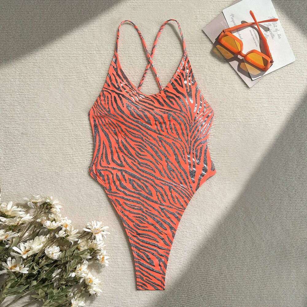 2025 Zebra Printed Tankini Suit Women's One-Piece Thong Swimsuit Summer Backless Sexy Tight Beach Bikini Sets Female Y260303