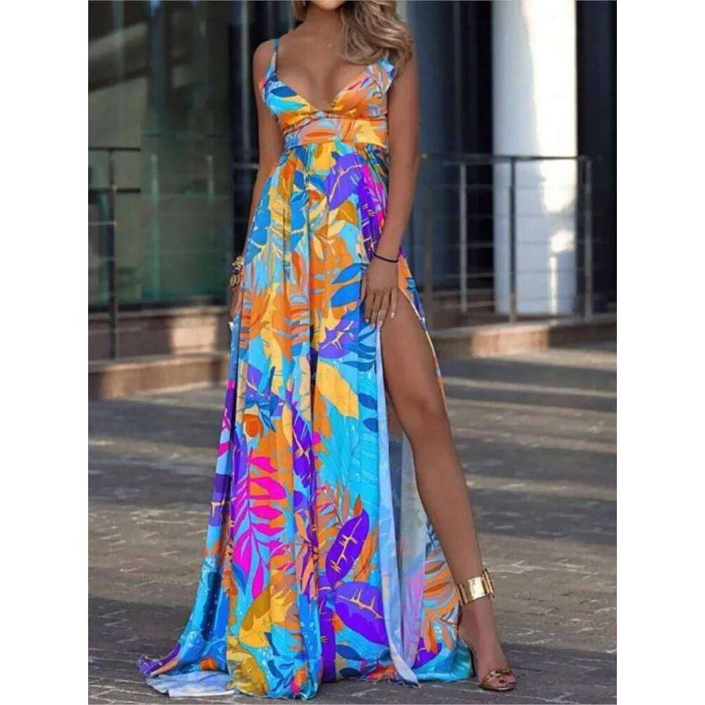 Color Print Spaghetti Strap Long Dresses Women Sexy Deep V-neck Backless Slit Dress Fashion Bohemian Beach Vacation Maxi Vestido C260312