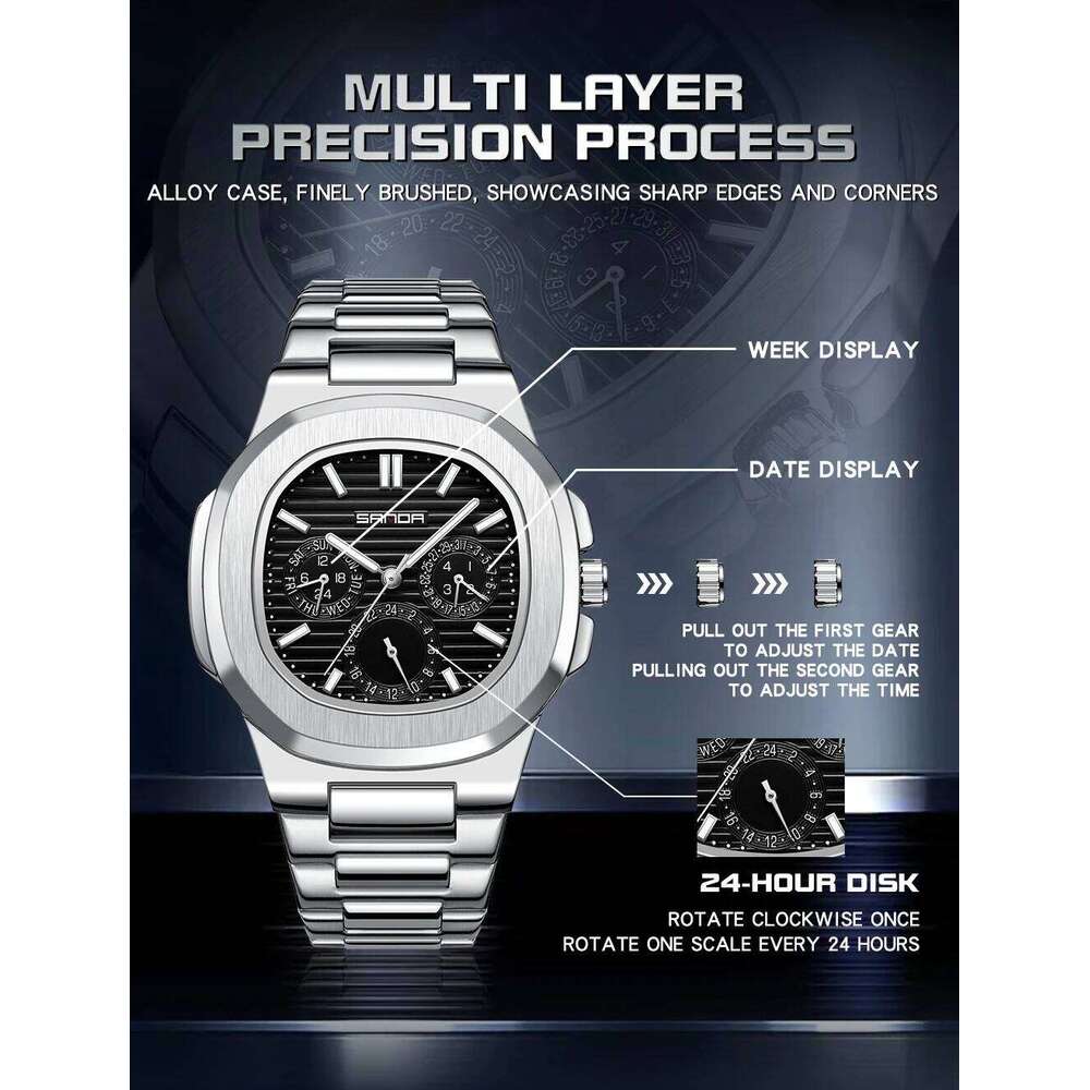 SNADA 7053 Fashion Business Stainless Steel Strap Waterproof Night Light Date Men's Quartz Watch