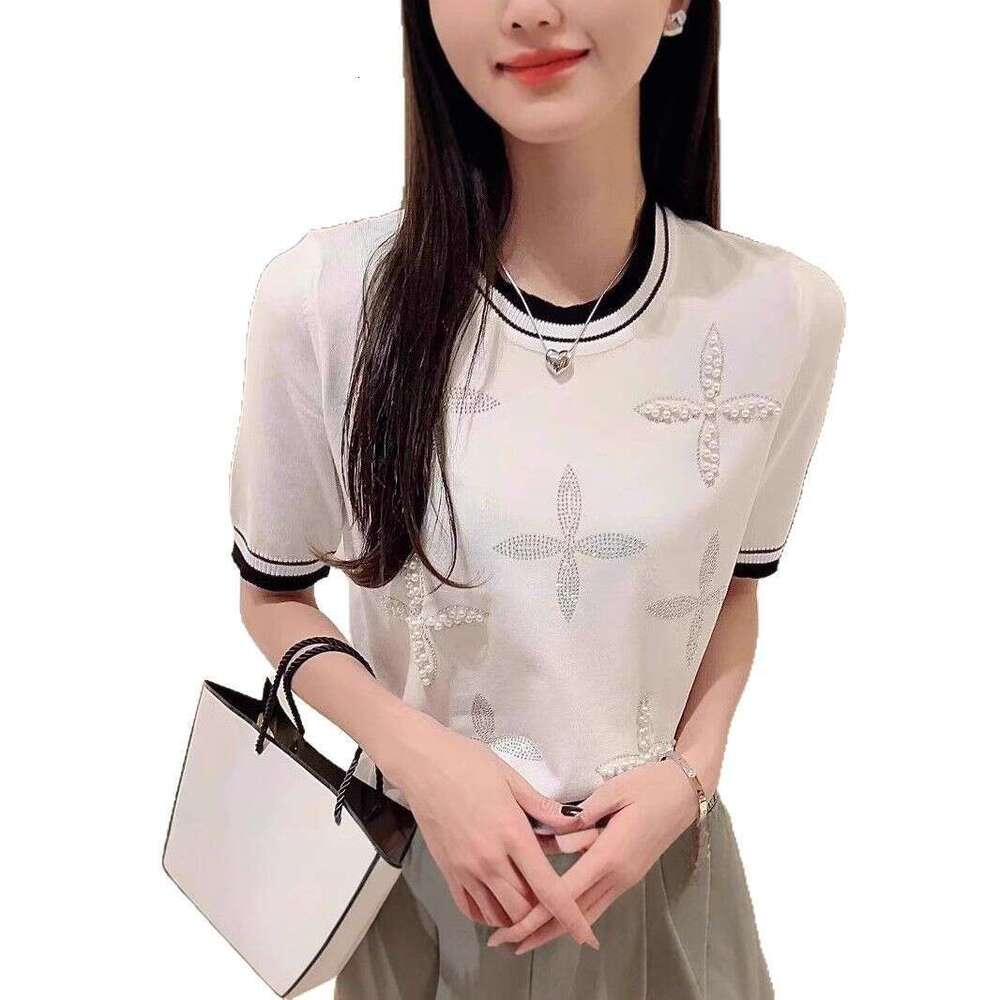 New Model Ice Silk Short-Sleeve Knit For Women, Summer New Style, Heavy-Duty Beaded And Rhinestone-Embellished Casual Thin Top