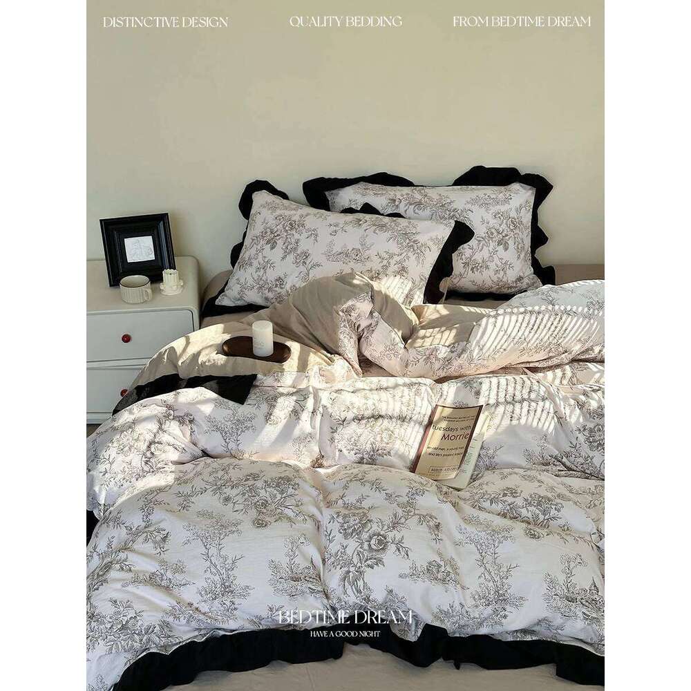 Four-piece set of pure cotton plant flower printing and dyeing French retro lace quilt cover simple universal in all seasons H260312