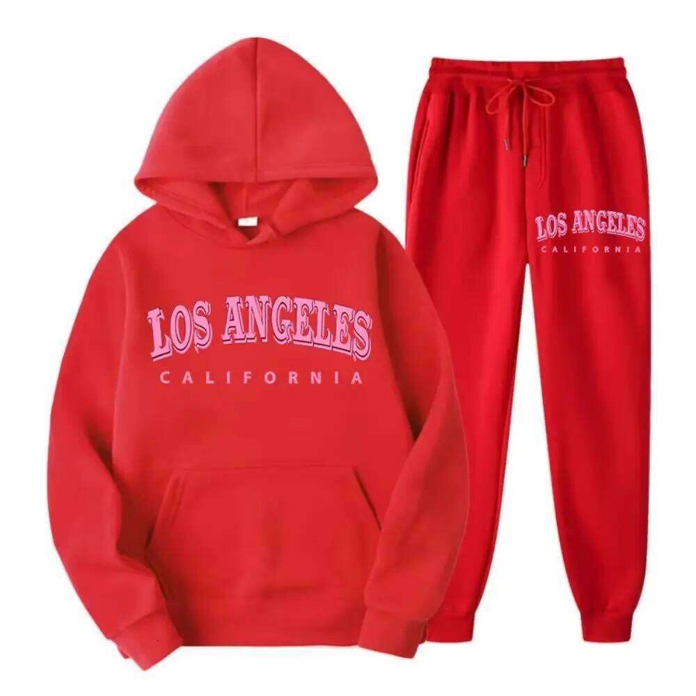 Two Piece Set Street Womens Hoodie & Pants Fleece Pocket Loose Pullover Los Angeles California Print Clothes Fashion Sportswear C260312