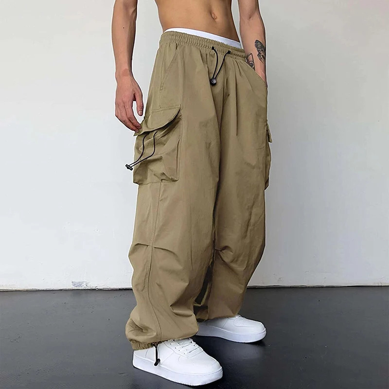 American Style Casual Pants Cargo Trousers High Street Drawstring Workwear Trendy Loose Versatile Straight Wide-Leg Casual Pants 260311