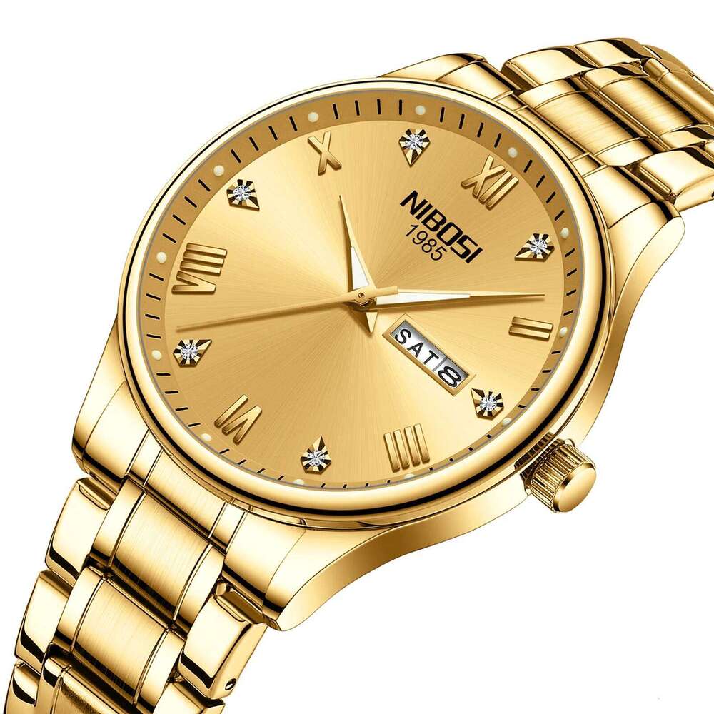 NIBOSI Gold Watches for Men Top Brand Luxury Week Day Display Men's Watch Business Waterproof Stainless Steel Sports Wristwatch