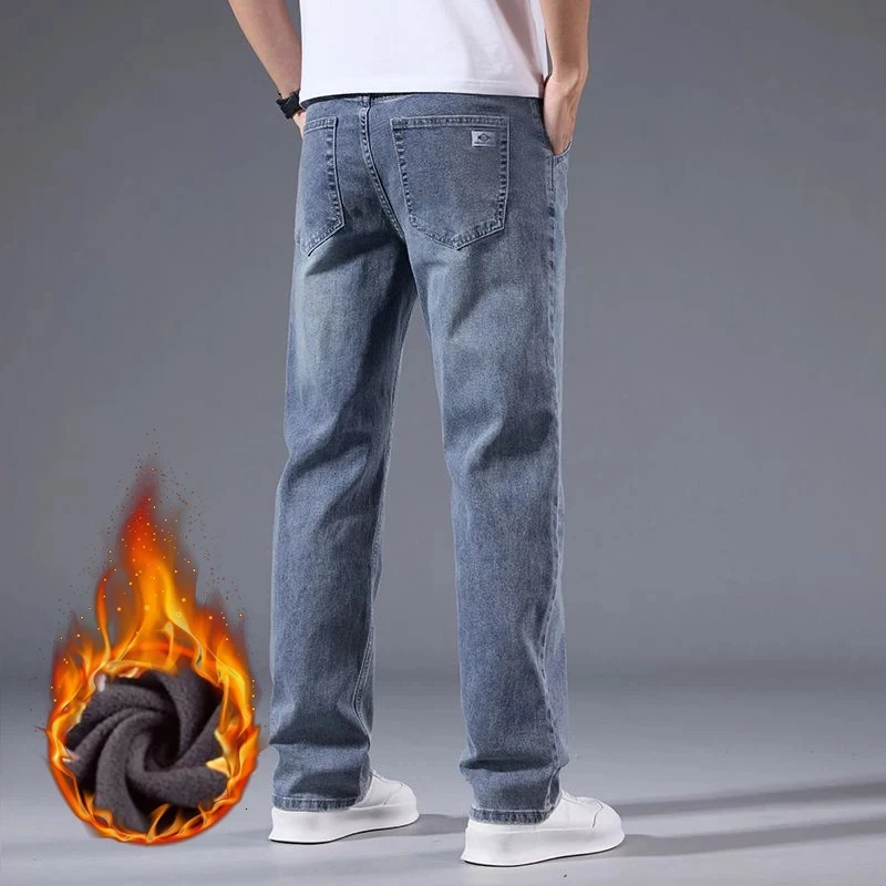 Winter Fleece Men Jeans Thick Stretch Business Casual Trousers Classic Loose Straight Warm Velvet Denim Pants Office Daily Wear 260228