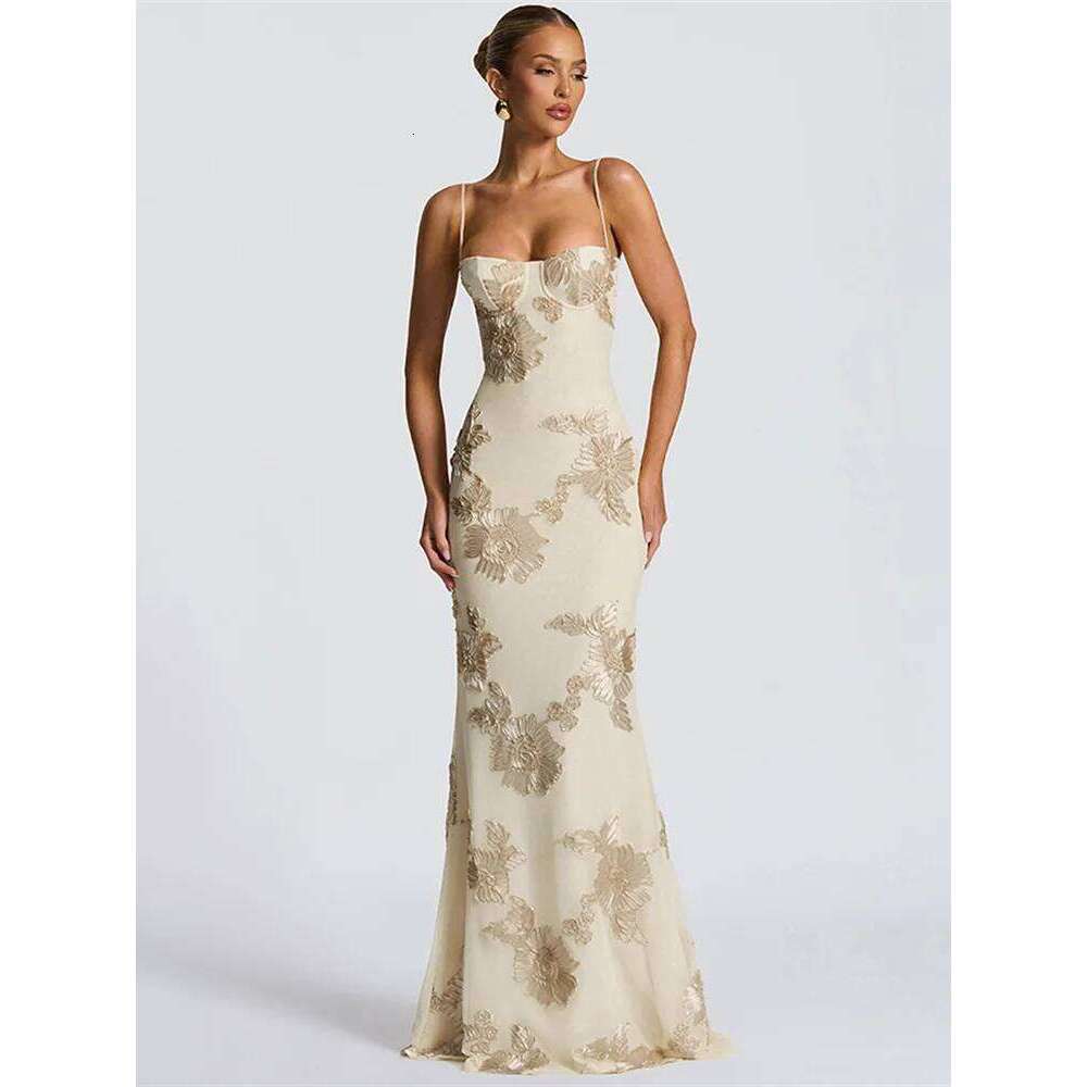 Nibber Elegant Flower Embroidery Maxi Dress Women Low-Neck Cross Bandage Backless Summer Street Trend Skinny Holiday Vestidos C260312
