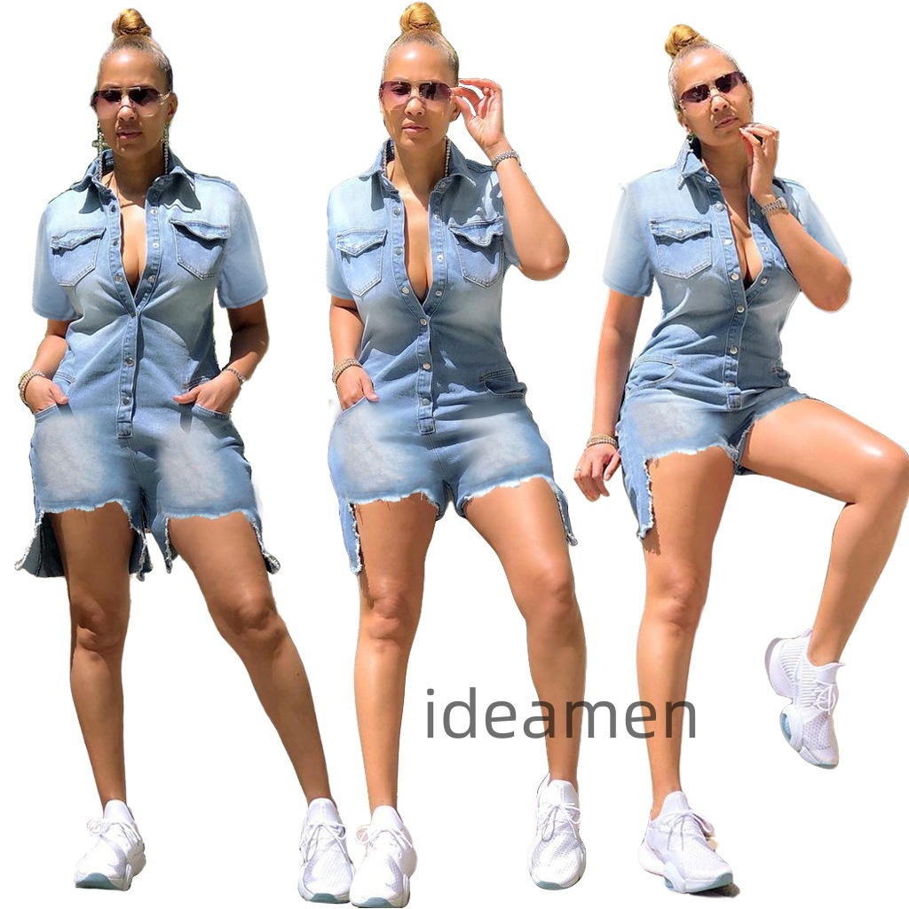 New European and American aunt women's dress slim slimming ripped denim jumpsuit