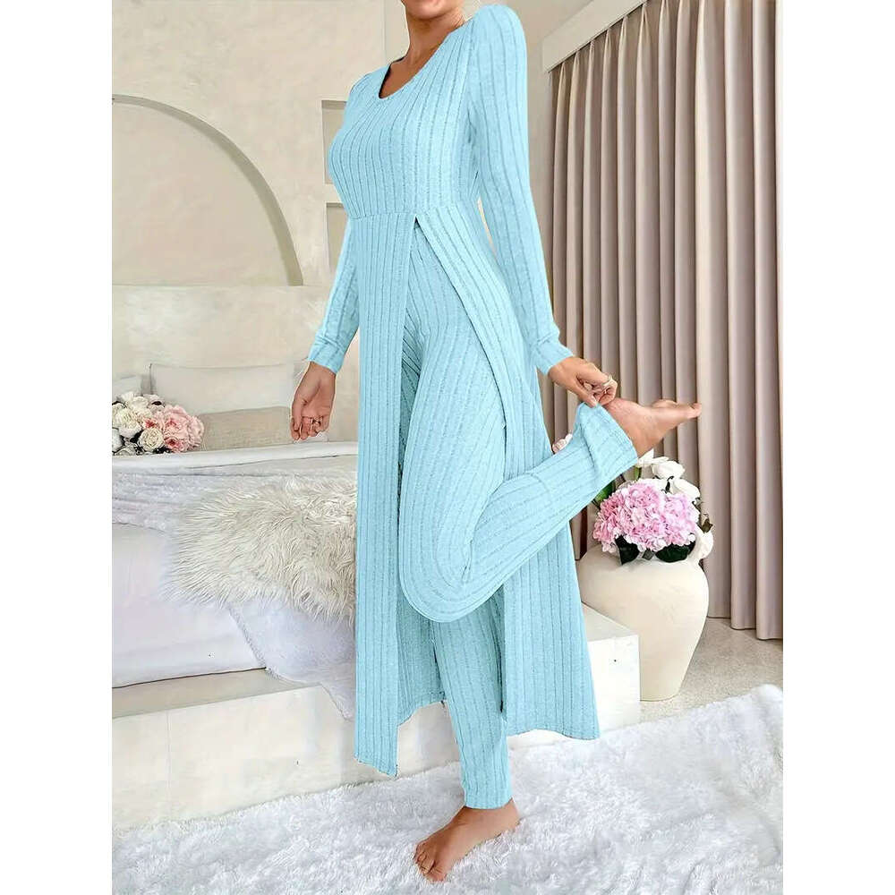In-stock European American cross-border independent station Amazon new design round-neck split long-sleeve two-piece set for spring and autumn