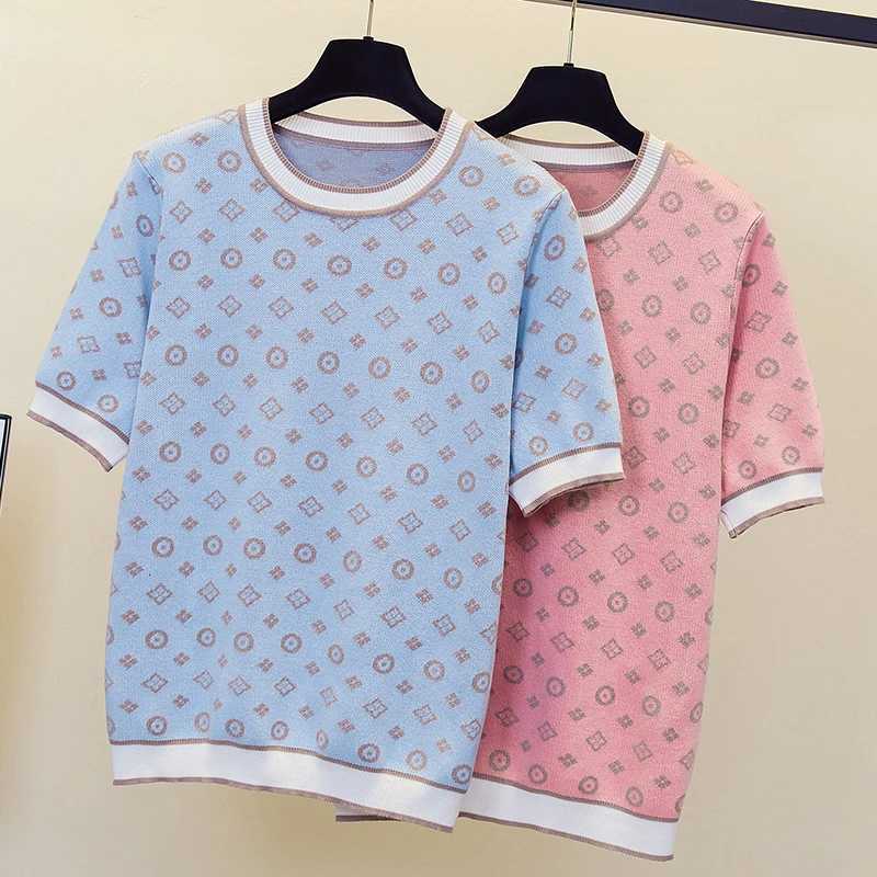 Summer Rhinestones Jacquard Knit Sweater Tees Women Pullover Tops Short Sleeve O Neck Fashion Ladies Chic Female KnitwearT260312