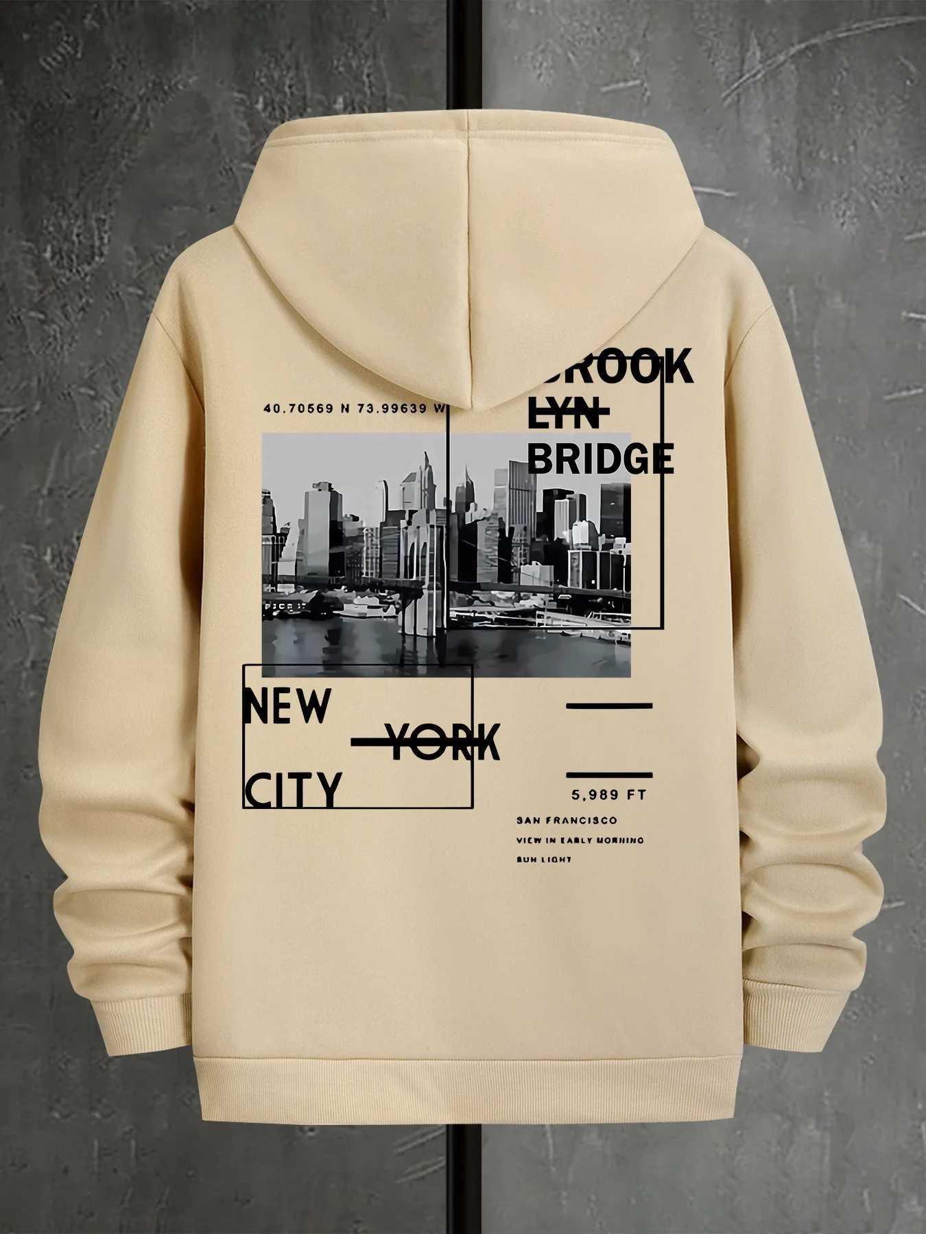 Mens autumn and winter casual fashion loose New York City pattern print long sleeved hooded sweatshirt warm sports pullover M260312