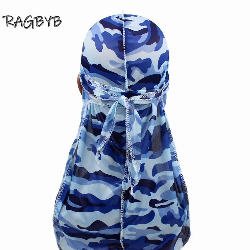 Camo Print Silk Durag Bandanas for Men Silky Durags Long Tail Wave Cap Head Scarf Women Hat Headwrap Durag 260304