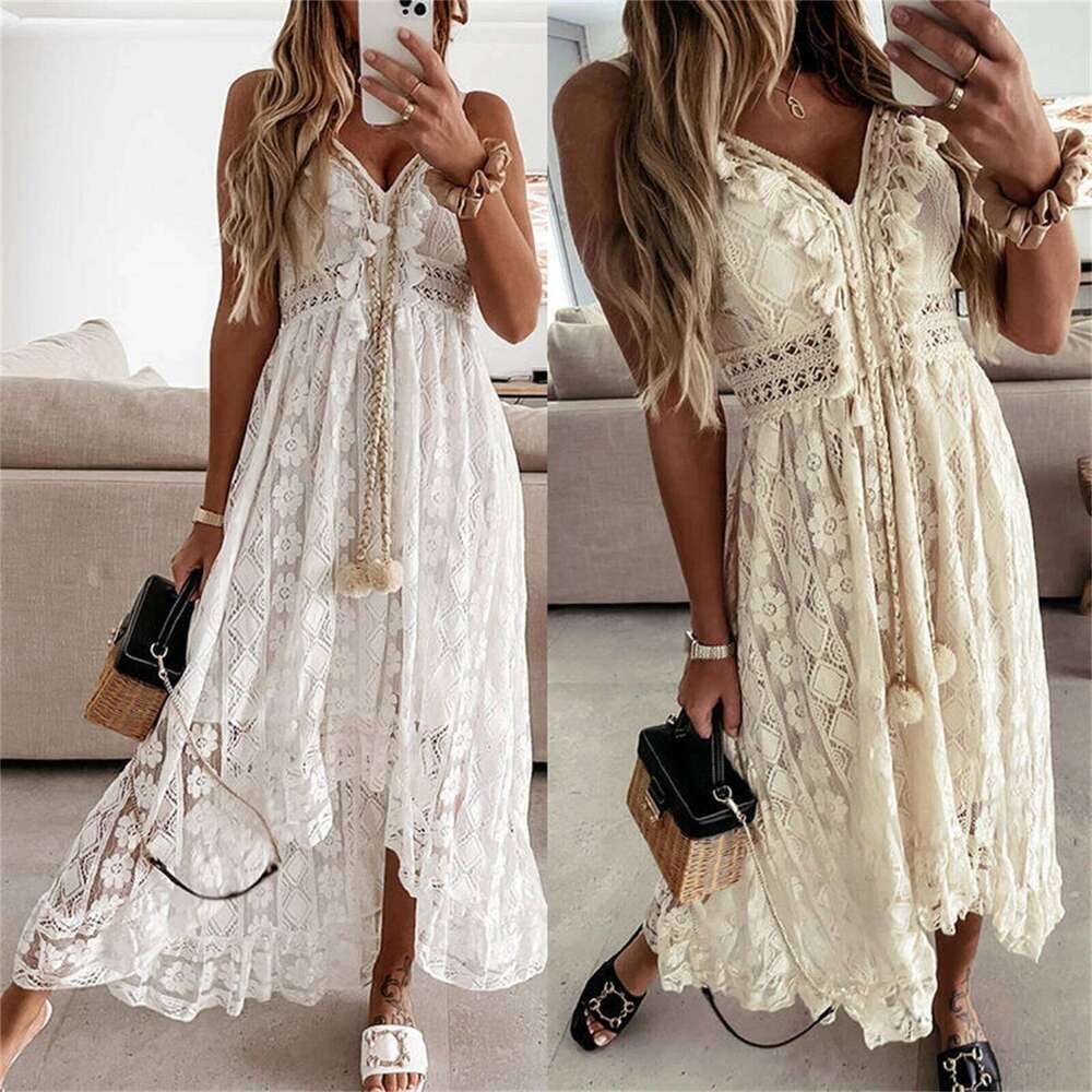 Summer White for Women 2025 Lace Hem Bohemia Short Sleeve High Waist V-Neck Long Casual Ruffle Dress C260312