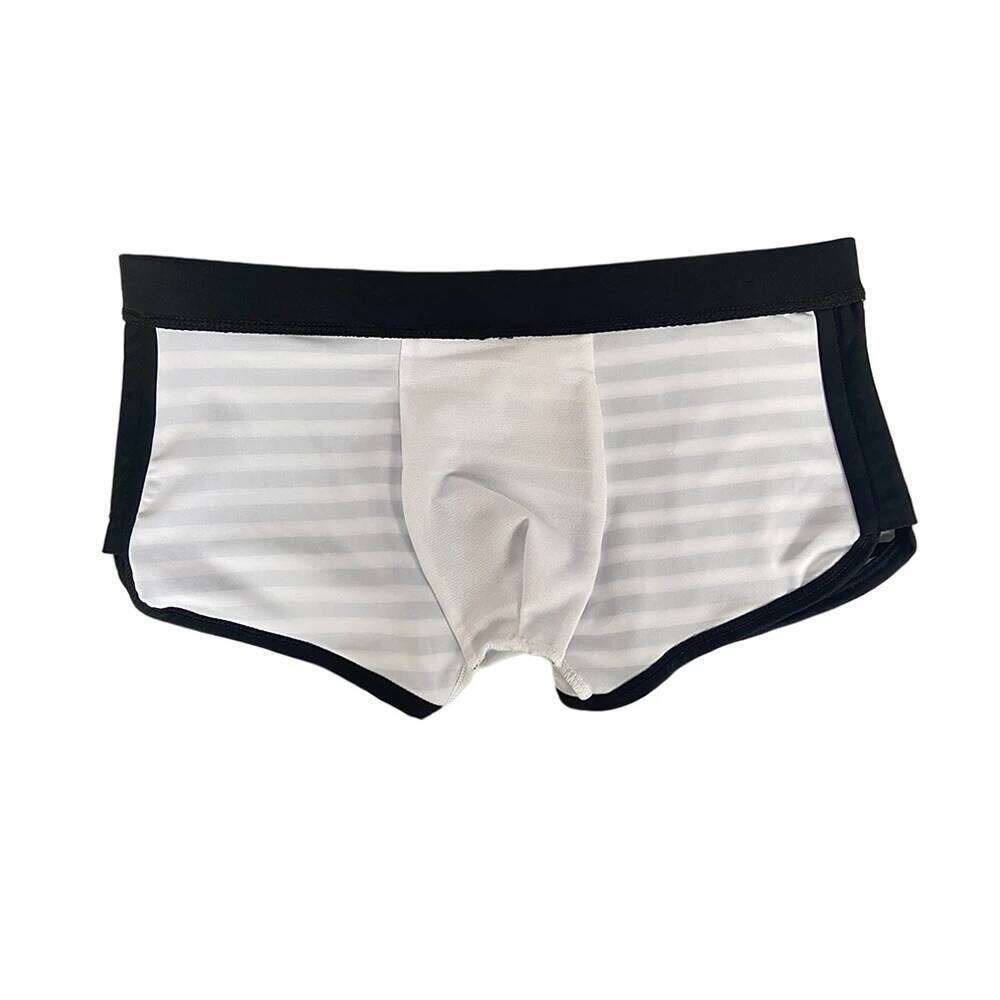 Sexy Mens Swimming Trunks Low Waist Pouch Striped Swimsuit Fashion Male Side Split Bathing Suit Sport Beach Surfing Board Shorts Z260312
